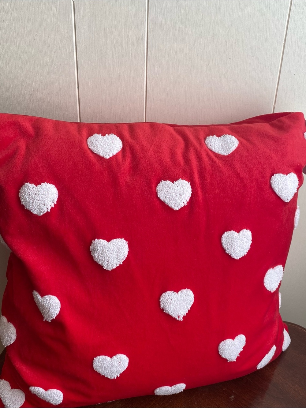 Shabby Chic Red Pillow with White Heart Appliqués